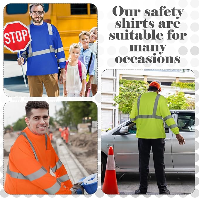 Amylove 4 Pcs Long Sleeve Safety Shirt High Visibility Reflective Construction Work Shirts for Men Women(L,Yellow, Orange, Black, Blue)