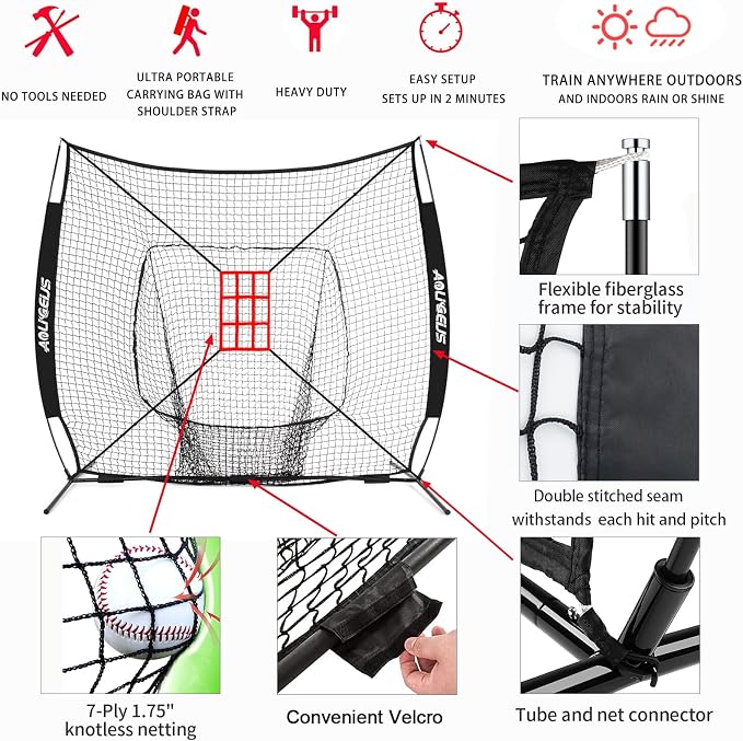 7'X7' Baseball Softball Practice Net,Pitching Net,Batting Net,with Baseball Tee,Bonus Strike Zone and Bow Frame,for Hitting,Pitching, Catching