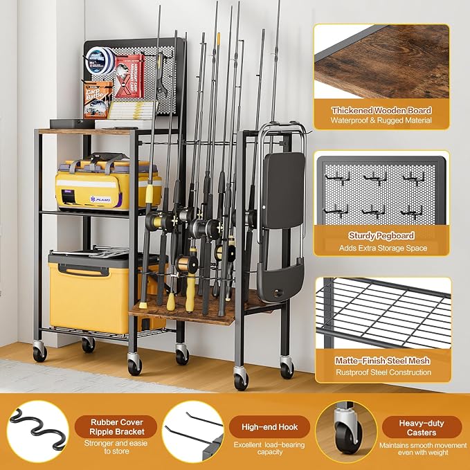Olakee Fishing Rod Holders, Rolling Fishing Rod Rack for Garage & Boat, Tackle Box & Reel Holder Cart, Easy Assembly Fishing Gear Management System, Ideal Birthday Gift for Men Dad Anglers
