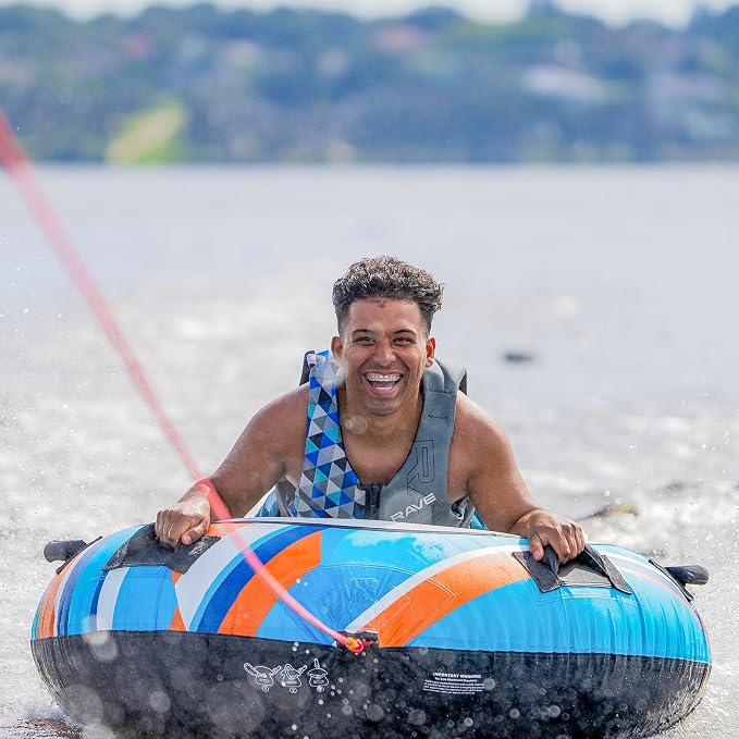 RAVE Sports Blade Inflatable Towable Tube, 1 Rider, Unique Skim-Fast Bottom Coating, Nylon Cover, Four Foam-Filled Reinforced Handles, Quick Connect Tow Point, Boat Tubes and Towables, Stable Ride