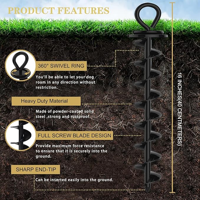 Eurmax USA 2-Pack Heavy Duty Dog Tie Out Stake, No-Tangle In Ground Anchor Runner for Large Dogs up to 210 Lbs - Perfect for Yard, Beach and Camping (Large,Black)