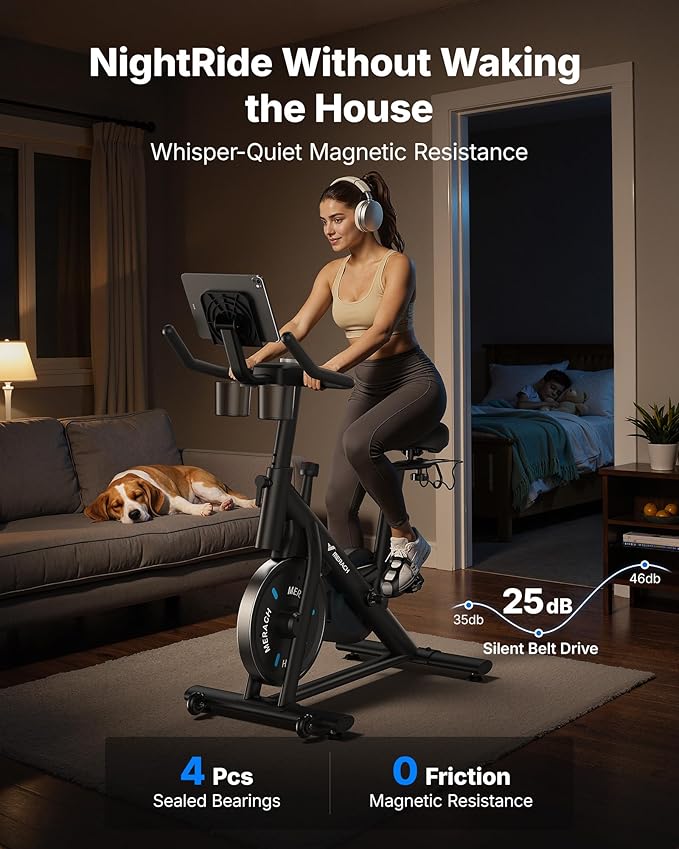 Merach Exercise Bike, Magnetic Friction Stationary Bike with Brake Pad and Exclusive App, Low Noise Indoor Cycling Bike with 300lbs Weight Capacity, Tablet Mount and Fitness Courses for Weight Loss