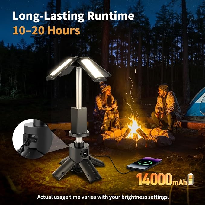 Telescopic Camping Lights with Stand, 14000mAh Rechargeable Camping Lantern,Portable Camping Light, IPX6 Waterproof, Dimmable Outdoor Tent Light for Emergency, Hiking, Fishing, Backyard
