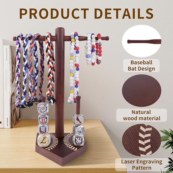 Baseball Ring Display Holder for Championship Rings & Necklaces, Wooden Sports Jewelry Organizer with Bat Stand for Baseball Softball Players, Athlete Gift Display Case for Rings Bracelets Medals