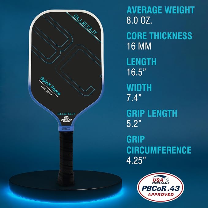 Blue Cut Pickleball Paddle – USAPA Approved Pickleball Paddles Racket with T700 Carbon Fiber, 16mm Honeycomb Core, Spin Surface, Pro Power Speed & Control – Includes Carry Bag