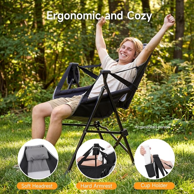 Hammock Camping Chair with Adjustable Backrest, 400lbs Heavy Duty Portable Swing Chair Outdoor with Headrest and Cup Holder, Foldable Camping Chair for Camping, Travelling, Patio, Lawn, Black