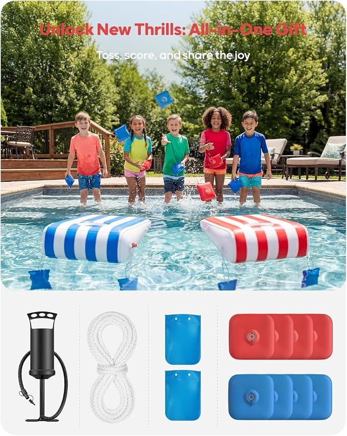 QPAU Inflatable Floating Cornhole Boards with 8 Water Bags, 3x2ft Corn Hole Games for Adults & Kids (Age 6+), Portable Cornhole Set for Swimming Pool, Pool Toss Game for Lake, Beach (with Hand Pump)