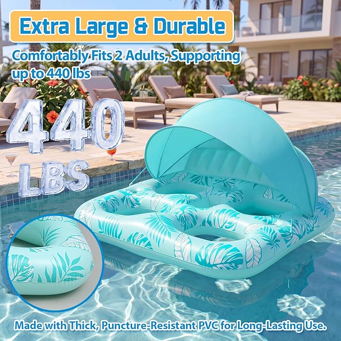 Chumia Pool Floats with Canopy for Adult, UPF50+ 1-2-3 Person Inflatable Floats with Sun Shade Backrest Footrest and Cup Holder Heavy Duty for Pool Lake River Beach Ocean Summer Party Supply