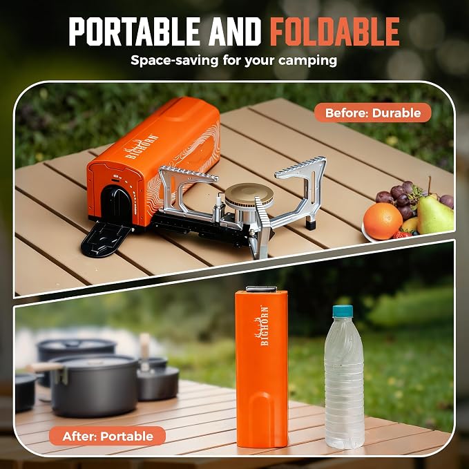 BIG HORN OUTDOORS Butane Camping Stove, Portable Folding Gas Burner with Carry Bag for Camping, Emergency Use and Outdoor Cooking, Orange