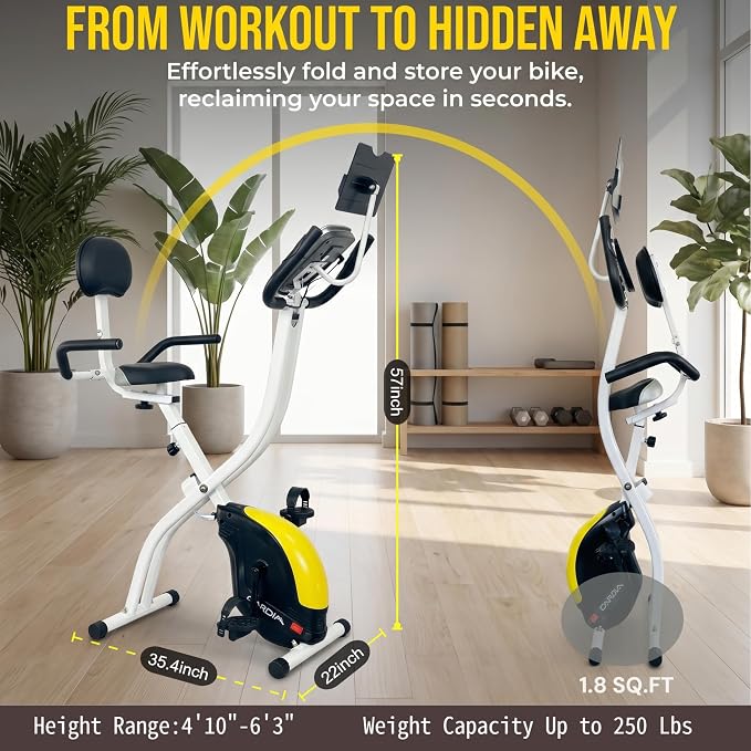 Folding Exercise Bike, Foldable Upright Stationary Bike, Indoor Cycling Magnetic X-Bike with 16-Level Electronic Resistance, Back Support Cushion for Home Gym