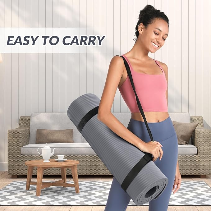Signature Fitness Extra Thick High-Density Foam Yoga Mat – Multiple Thicknesses (1/2" & 1") / Multiple Colors – Double-Sided Non-Slip Surface – with Carrying Strap for Pilates, Yoga & Home Workouts