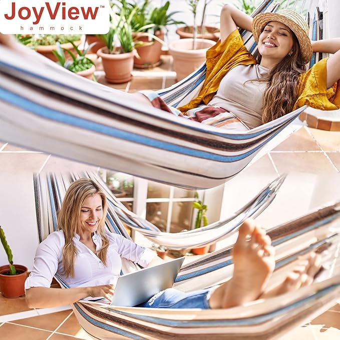 JoyView Brazilian Hammock for Single Person Portable Hammock with Hanging Ropes & Carry Bag Large 78.8x39.4” for Patio 300LBS Capacity Perfect for Outdoor/Indoor - Blue Stripes
