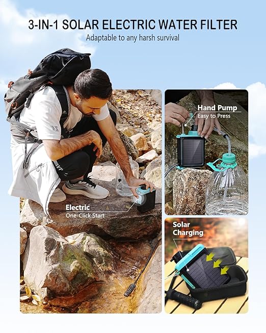 BKLES 3-in-1 Solar Electric Water Filter with Hand Pump - Camping Water Filtration System Survival, Portable Water Purifier with Emergency Light, Survival Kit for Backpacking, Gifts for Father's Day