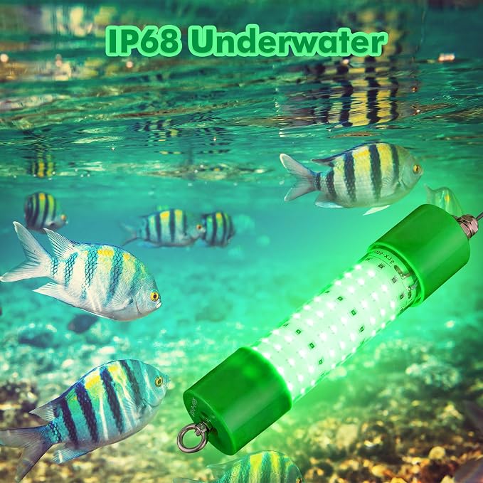 VIHOSE 2 Pack 70w 12v LED Underwater Fishing Light: Ip68 Green Waterproof Light 72 LEDs 18ft Fish Attractor for Boat Dock Night Fishing Snook Crappie Compatible with Battery Clips Cigarette Lighter