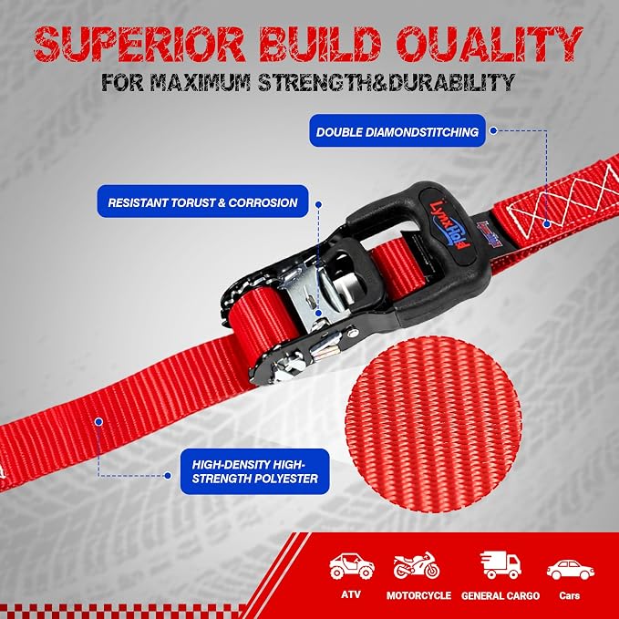 Ratchet Tie Down Straps, 5280lbs Break Strength, 1.6" x 8' Heavy Duty Ratchet Tie Down Strap Set with Padded Handles, Coated S Hook, Soft Loop for Trucks, ATV, UTV, Motorcycle, Cargo & More -Red