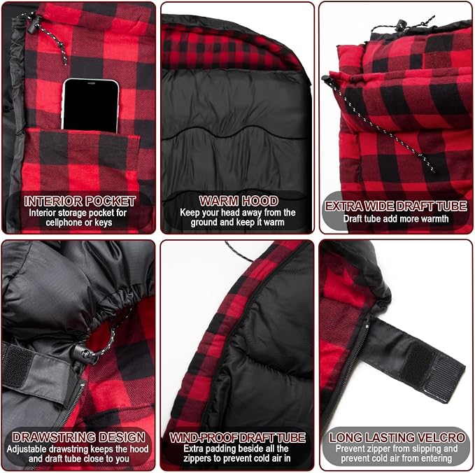 0 Degree Flannel Double Sleeping Bag for Adults, Couples or Family - Winter Queen Size Waterproof & Warm 2-Person Sleeping Bag for Cold Weather Camping, RV Travel
