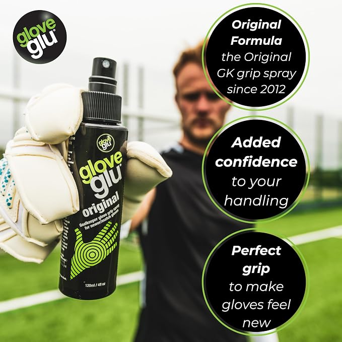 gloveglu Original Goalkeeper Glove Grip Spray | Ultimate Football Goalie Grip Booster for Match | Enhances Catching Control, Revives Latex Grip | Ideal for Football Training, Matches | 120ml (4fl.oz)
