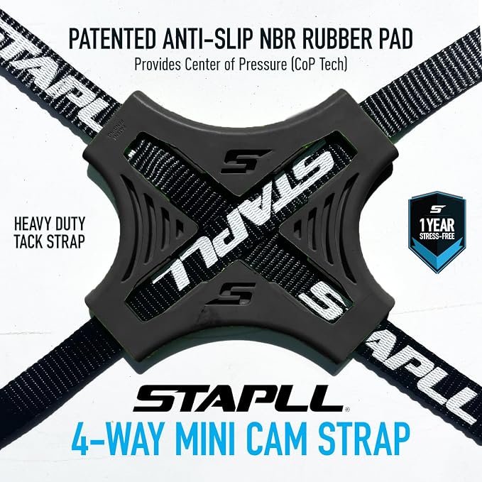 Cam Tack Strap, 4-Way Nylon Cam Buckle Tie Down Straps w/Adjustable Buckles & Anti-Slip Rubber Pad, Heavy Duty Hooks for Luggage, Coolers, Gear, Water Jugs, Tool Boxes – 2 Pack, Black