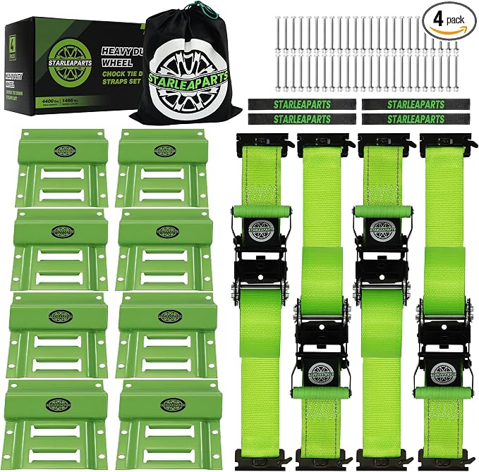 Heavy Duty Wheel Chock Tie Down Straps Set (4PK) - 4,400lb Guaranteed Max Break Strength, (2) 2" x 8' Trailer Tire Straps with (8) Wheel Chocks for ATV, UTV or Tractors