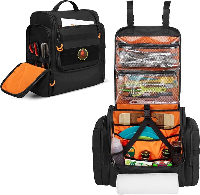HODRANT Large Tactical Camping Kitchen Organizer, Hanging Cookware Storage Bag with Paper Towel Holder & Multi Pockets, Portable Camp Utensil Organizer for BBQ Cooking Essentials, Black, Bag Only