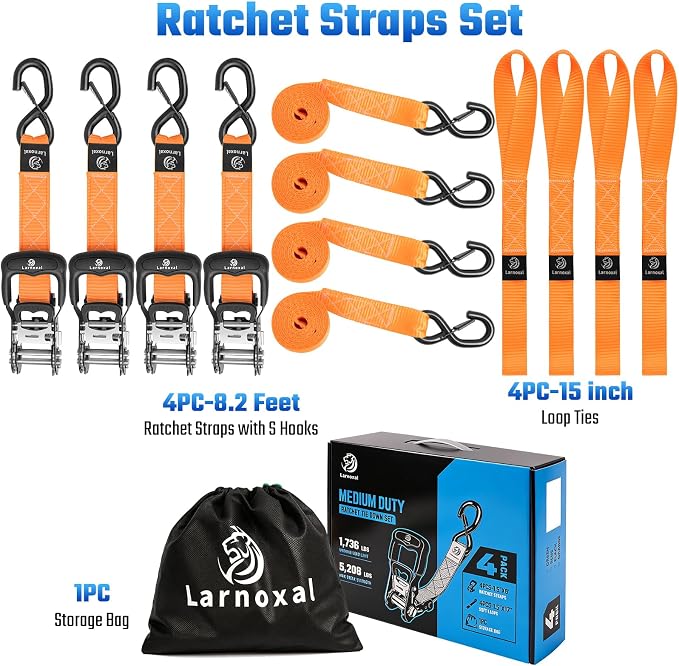 Ratchet Straps, 1.5 inch x 8.2 ft(4 Pack) Heavy Duty Tie Down Straps, Ratchet Tie Down Straps with Soft Loops-5,208 lbs (Orange)