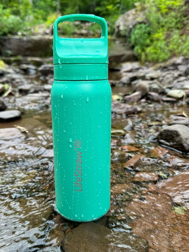 LifeStraw Go Series — Insulated Stainless Steel Water Filter Bottle for Travel and Everyday Use Removes Bacteria, Parasites and Microplastics, Improves Taste, 24 oz, Cactus Green