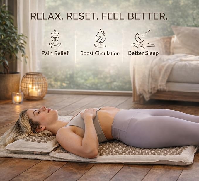 Acupressure Mat & Pillow Set for Back Pain, Neck Pain & Sciatica Relief Extra Long Bed of Nails Mat 29" with Coconut Fiber for Stronger Pressure, Stress Relief, Muscle Recovery & Sleep