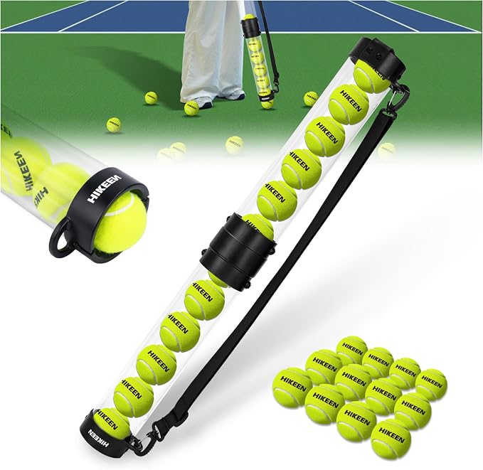 Hikeen Durable Tennis Ball Pick up Tube with 6/12 Tennis Balls,Quick Pickup & Storage Tennis Ball Tube with Shoulder Strap for Tennis Accessories - Includes 6/12 Balls