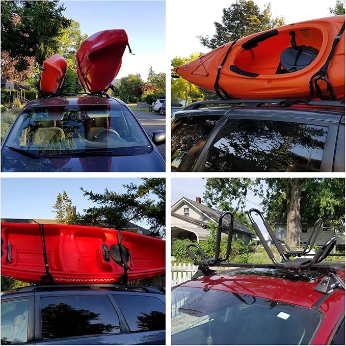 Kayak Roof Rack for 2 Kayaks Carrier, Kayak J Bar Hooks Roof Mount Racks for Universal Cars, SUV, Truck, Set of 4 Racks