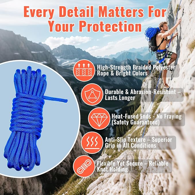 10.5mm Static Climbing Rope - 32FT Rock Climbing Rope for Adults & Kids, Outdoor Heavy Duty Rappelling Ropes for Fire Rescue, Escape, Ice Climbing, Parachute, Caving - Blue
