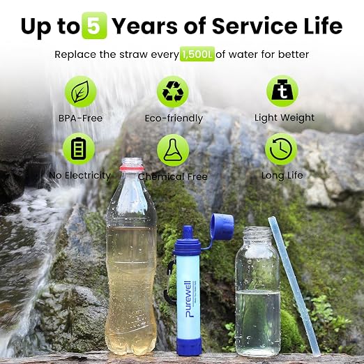 Purewell Outdoor Water Filter Personal Water Filtration Straw Emergency Survival Gear Water Purifier for Camping Hiking Climbing Backpacking