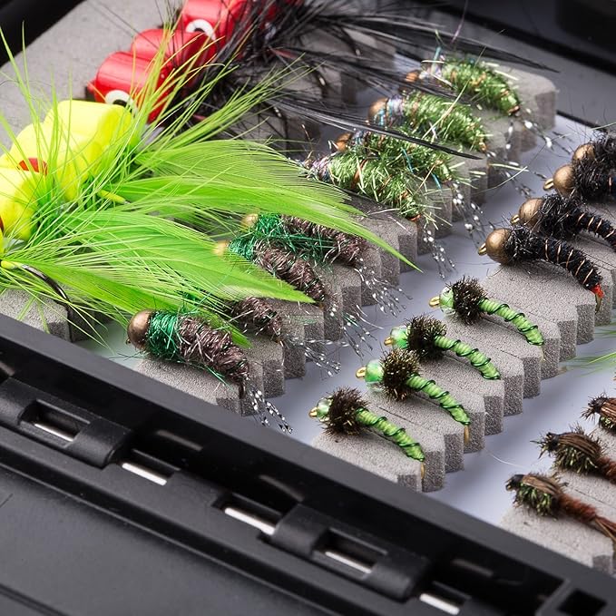 BASSDASH Fly Fishing Flies Kit Fly Assortment Trout Bass Fishing with Fly Box with Dry/Wet Flies, Nymphs, Streamers, Popper