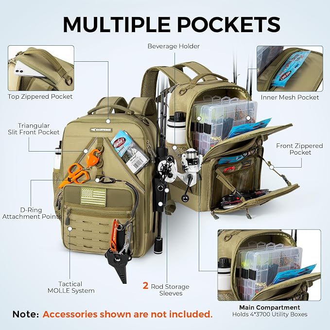 KastKing KarryAll KastMate Fishing Tackle Backpack,Water-Resistant Tackle Bag With 2 Rod Holders,Fishing Gear and Equipment With Large Gear Storage,Khaki