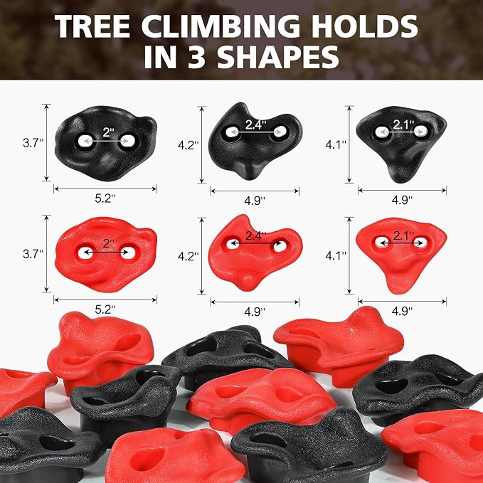 TOPNEW 18 Ninja Tree Climbing Holds for Kids Climber, Red & Black Tree Climbing Kit with 6 Ratchet Straps for Outdoor Ninja Warrior Obstacle Course Training