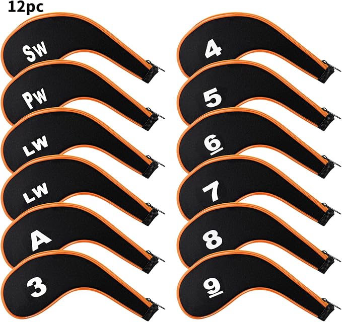 Golf Club 12pcs Thick Synthetic Zipper Long Neck Set Headcover Fit The Most Brands, Side Number Golf Iron Club Head Cover LW SW PW Covers #3,4,5,6,7,8,9