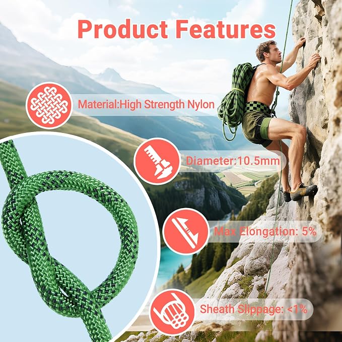 10.5mm Climbing Rope,32FT Static Rock Climbing Rope for Escape Rope Ice Climbing Equipment Fire Rescue Parachute