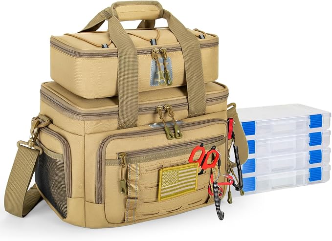 Fishing Tackle Bag, Equipped With 4 Tackle Boxes and Detachable Reel Storage Pouch, Waterproof Fishing Gear Organizer, Adjustable Shoulder Strap Fishing Bags for Saltwater & Freshwater