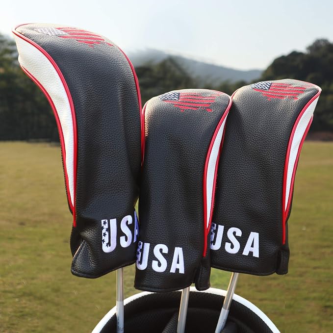 Golf Club Head Covers 3 Pack, Waterproof PU Leather Driver & Fairway Wood Headcovers with Rotatable Number Tags