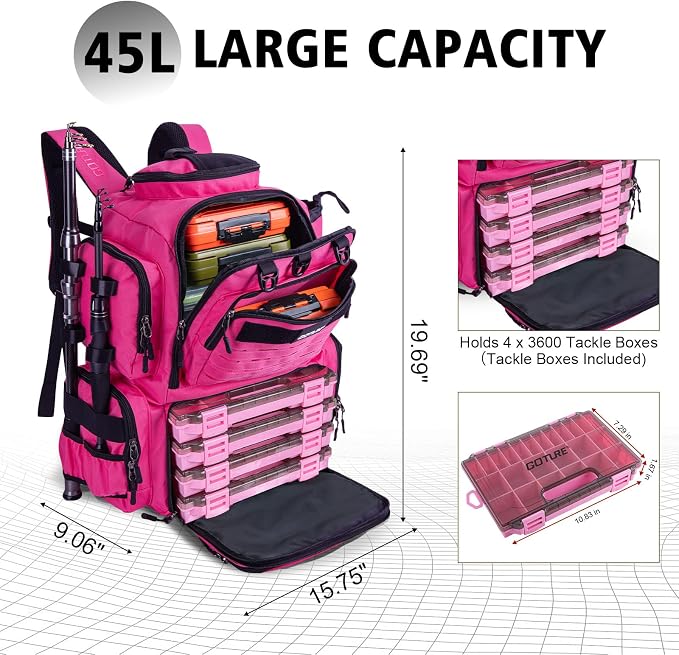 Goture Fishing Backpack with 4 Tackle Boxes,900D Water-Resistant Tackle Backpack with Rod Holders,45L Large Fishing Bag Storage Gear Tackle Bag with Rain Cover,Bottle Holder for Travel Camping Hiking