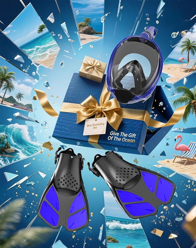 Viginsul Mask Fins Snorkeling Gear for Adults, Full Face Snorkel Mask & Adjustable Swim Fins Snorkel Set, Panoramic View Snorkel Mask Dry Top Anti-Fog Anti-Leak