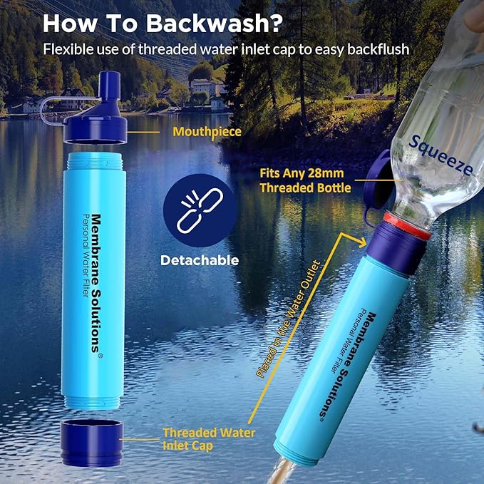 Membrane Solutions 36oz C3 ACF&UF Filtered Water Bottle with 4 Packs Outdoor Water Filter Straw
