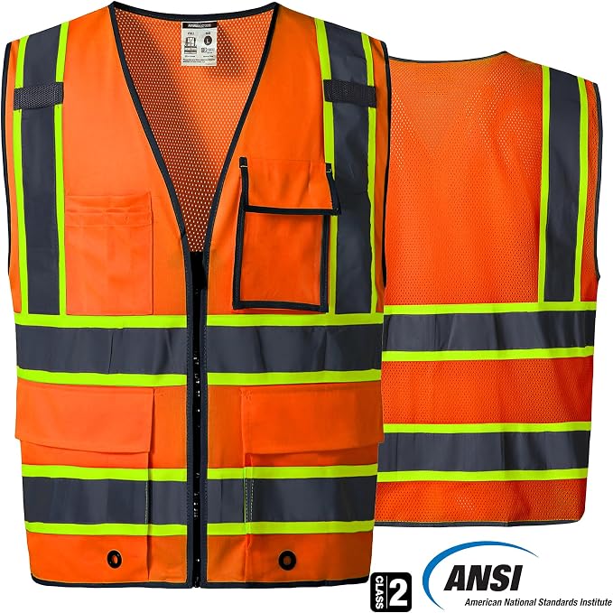 SKSAFETY 10/12 Pockets Safety Vest - Class 2 High Visibility Security with Zipper Double-sided mesh, Hi Vis Vest with Reflective Strips, ANSI/ISEA Standard, Construction Work Vest （Orange）
