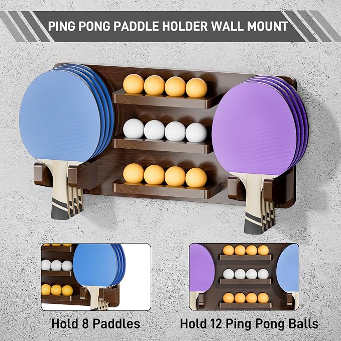 Ping Pong Paddle Holder for 8 Paddles and 12 Ball Storage, Wooden Table Tennis Racket Display Wall Mount Storage Rack, Ping Pong Accessories Organizer in Game Room,Man,Cave,Office,Home, Brown