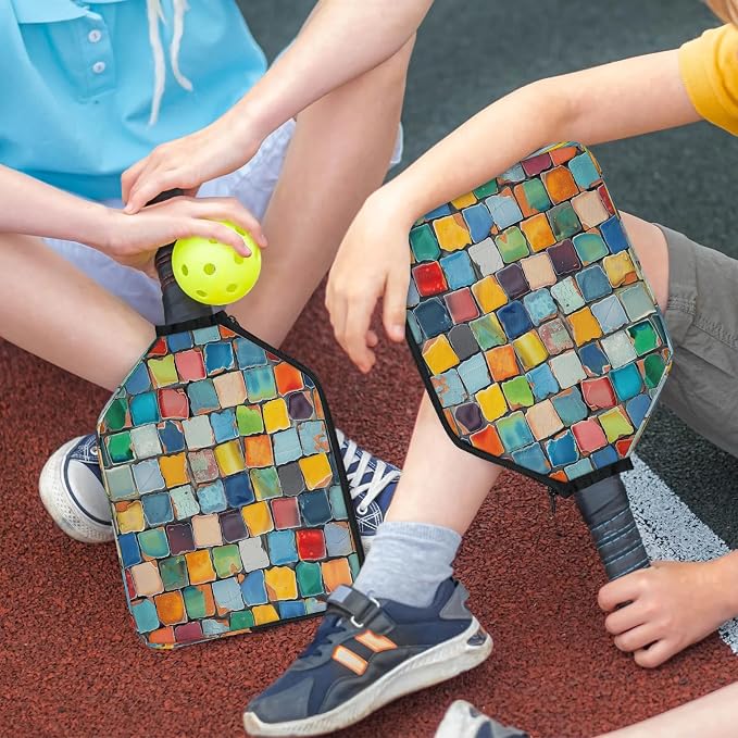 Colorful Titles Wall Universal Pickleball Paddle Cover 12.4 × 9.45 inch Racket Sleeve with Handle Strap Mesh Pocket Fits USAPA Standard Widebody Paddles 2 PCS