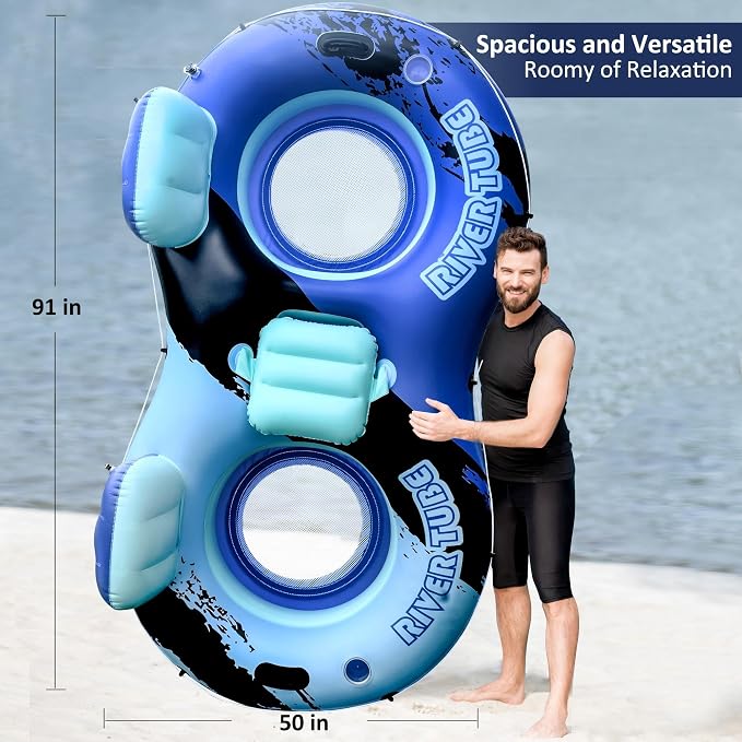 Heavy Duty 2 Person Floats for Adults, 91" X 50" Inflatable River Tube, Adult Floats for Lake, Swimming Tubes with Backrests, 2 Cup Holders, Storage Compartment