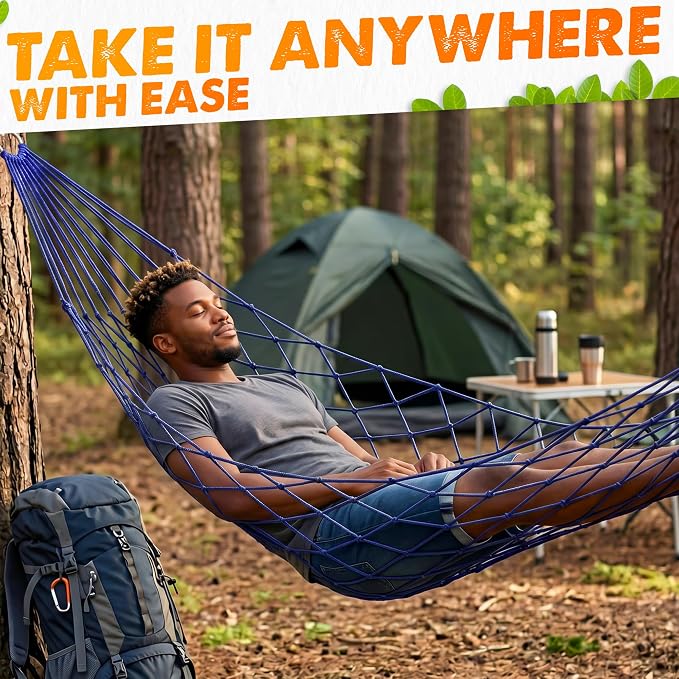 Mesh Hammock - Loop & Lounge Between Two Trees, Rope Hammocks for Outside Camping - No Stand Needed, 220 lb Capacity, Lightweight 13 oz Nylon Net Bed for Backyard Garden Patio Beach Travel, Blue