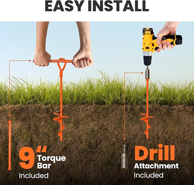 15" Screw-In Ground Anchors (4 Pack) – Heavy Duty Orange Trampoline Stakes, High Visibility Earth Augers with Drill Bit & Glow Carabiners for Canopy Tents, Carports & Swing Sets