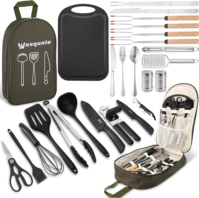 Wesqunie Camping Cookware Cooking Utensils Set - 25Pcs Camp Kitchen Essentials Kit, Portable Outdoor Camper Gear Accessories, Overland Equipment for RV Picnic Grill