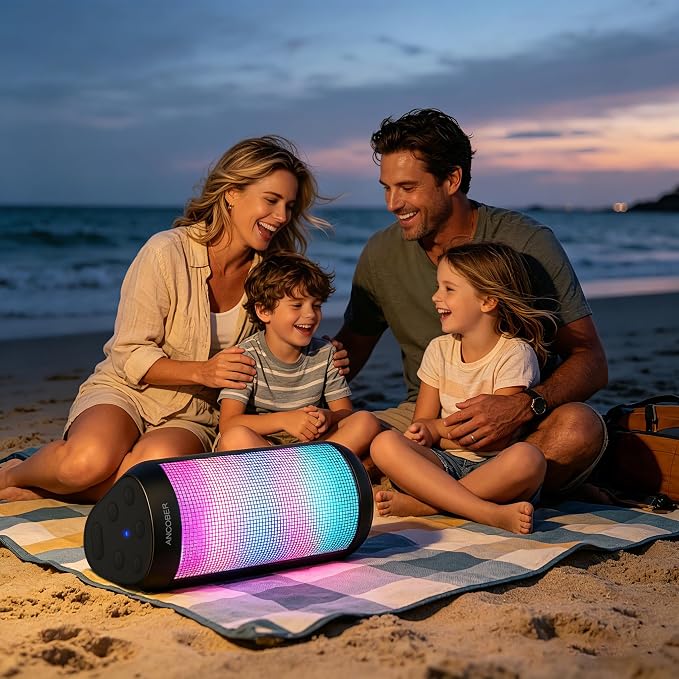 Portable Bluetooth Speaker Powerful HD Loud Sound, LED Lights, IPX4 Wateproof, 24H Playtime, Wireless TWS Pairing, Built-in Mic, for Home/Outdoor/Party, Birthday Gifts for Father Men Dad Husband