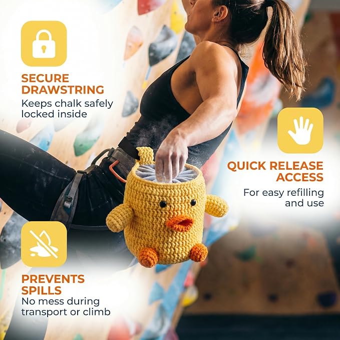 Handmade Crochet Rock Climbing Chalk Bag, Fun Plush Animal Chalk Pouch with Drawstring, Adjustable Waist Belt for Indoor Outdoor Bouldering Sport Climbing